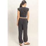 Rolled Sleeve Wrap Front Crop Top Jogger Set Black
