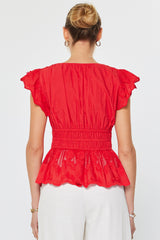 Embroidered Vneck Peplum Top Red