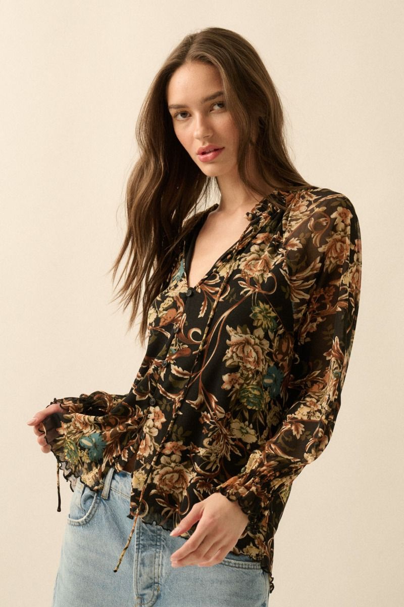 Floral Print Flared Ruffle Cuff Mesh Top Black