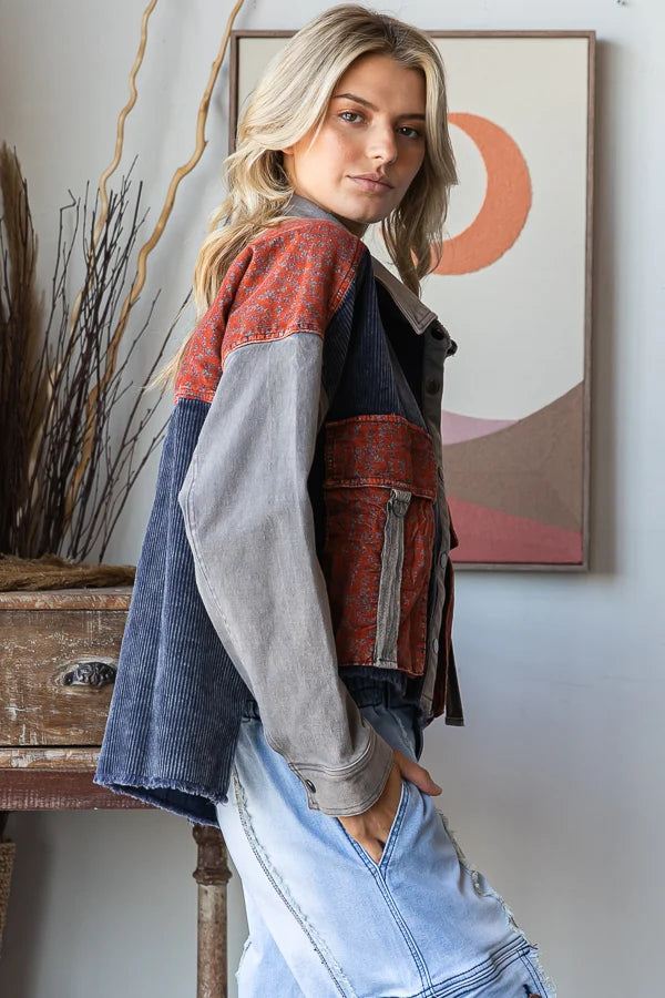 Washed Colorblock Corduroy Jacket Chili