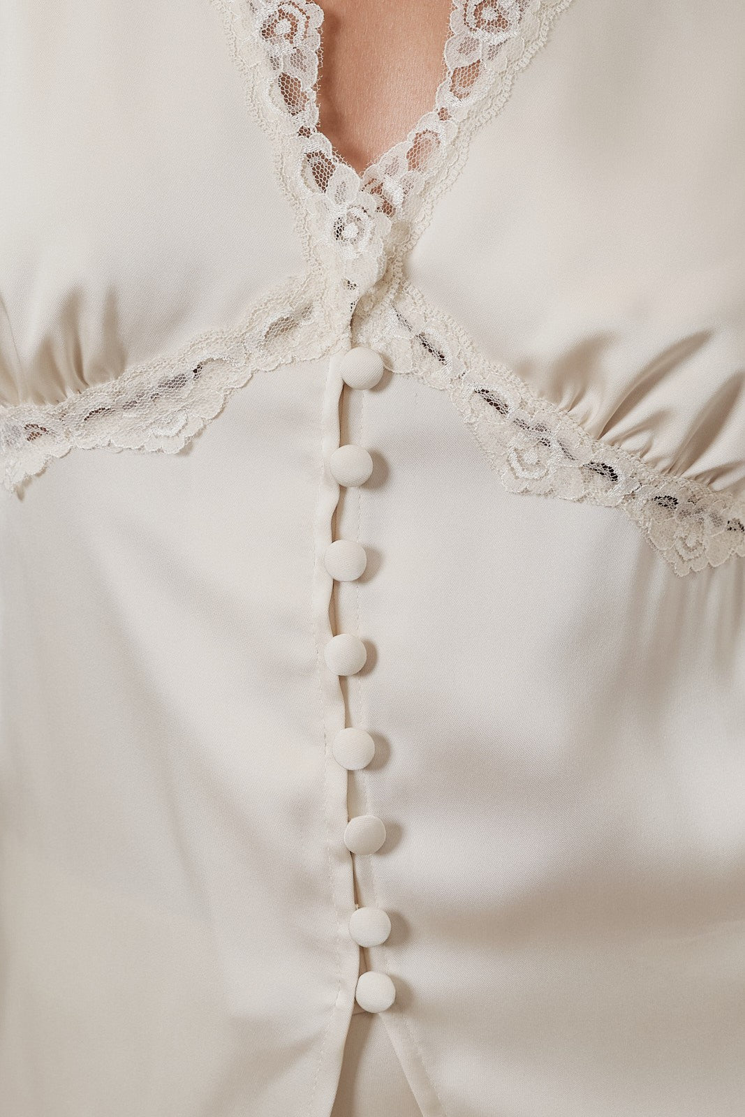 Lace Applique Front Button Satin Tank Cream
