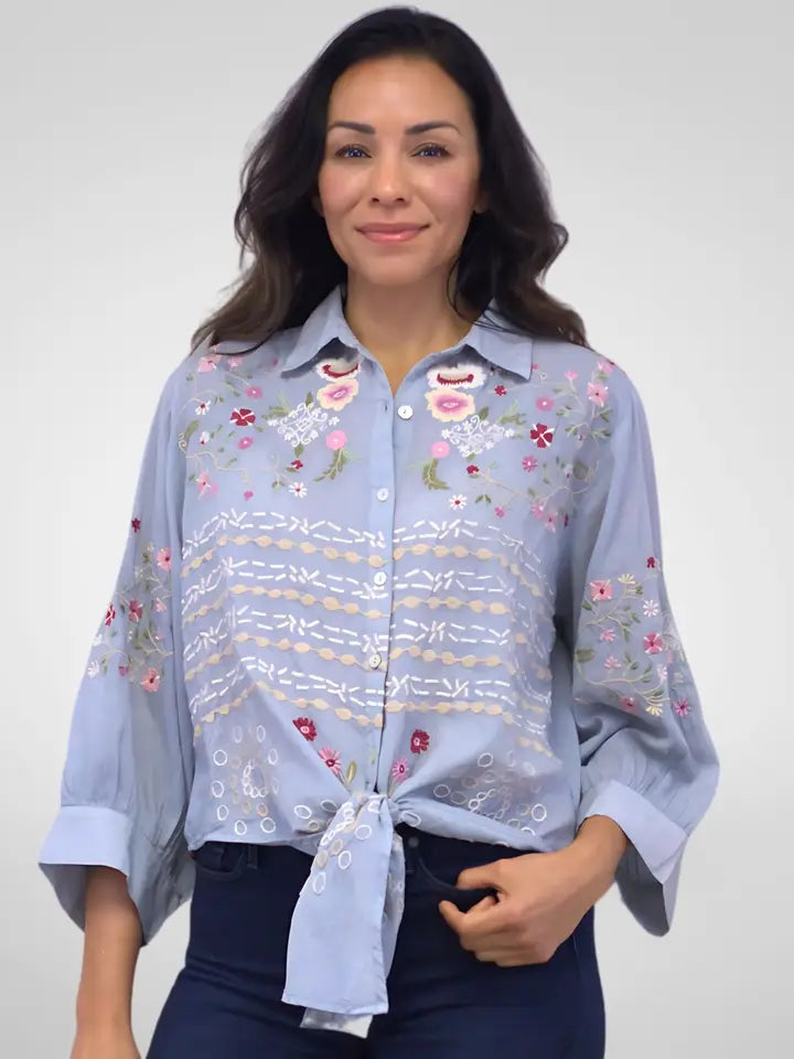 Casey Embroidered Blouse Blue Fog