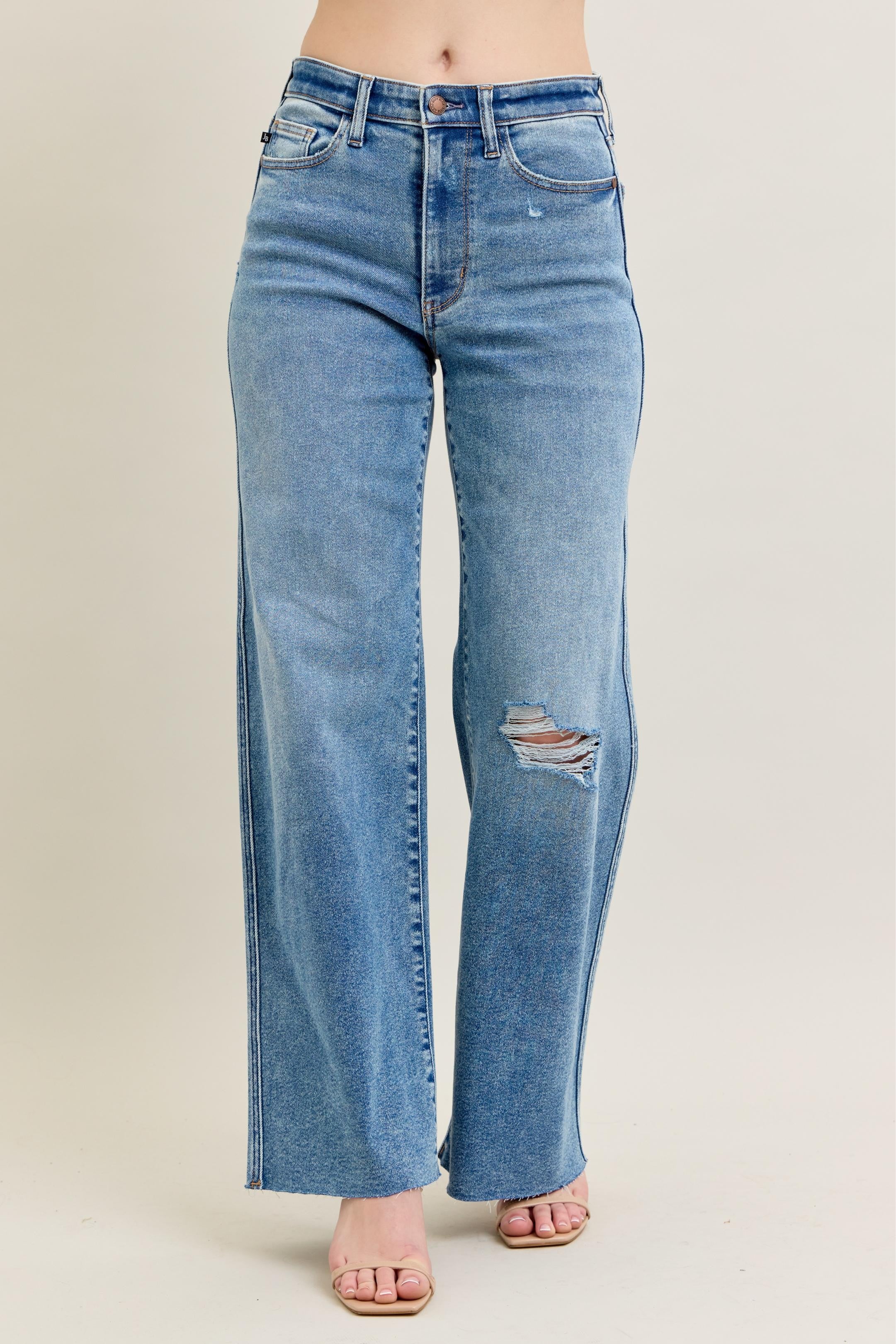 Vintage Wash Wide Leg Destructed Jeans Medium
