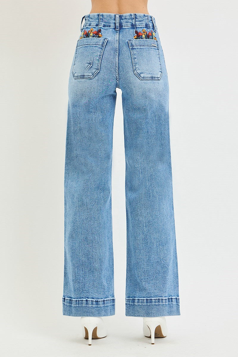 Embroidered Garden Floral Back Pocket Wide Leg Jeans - Medium