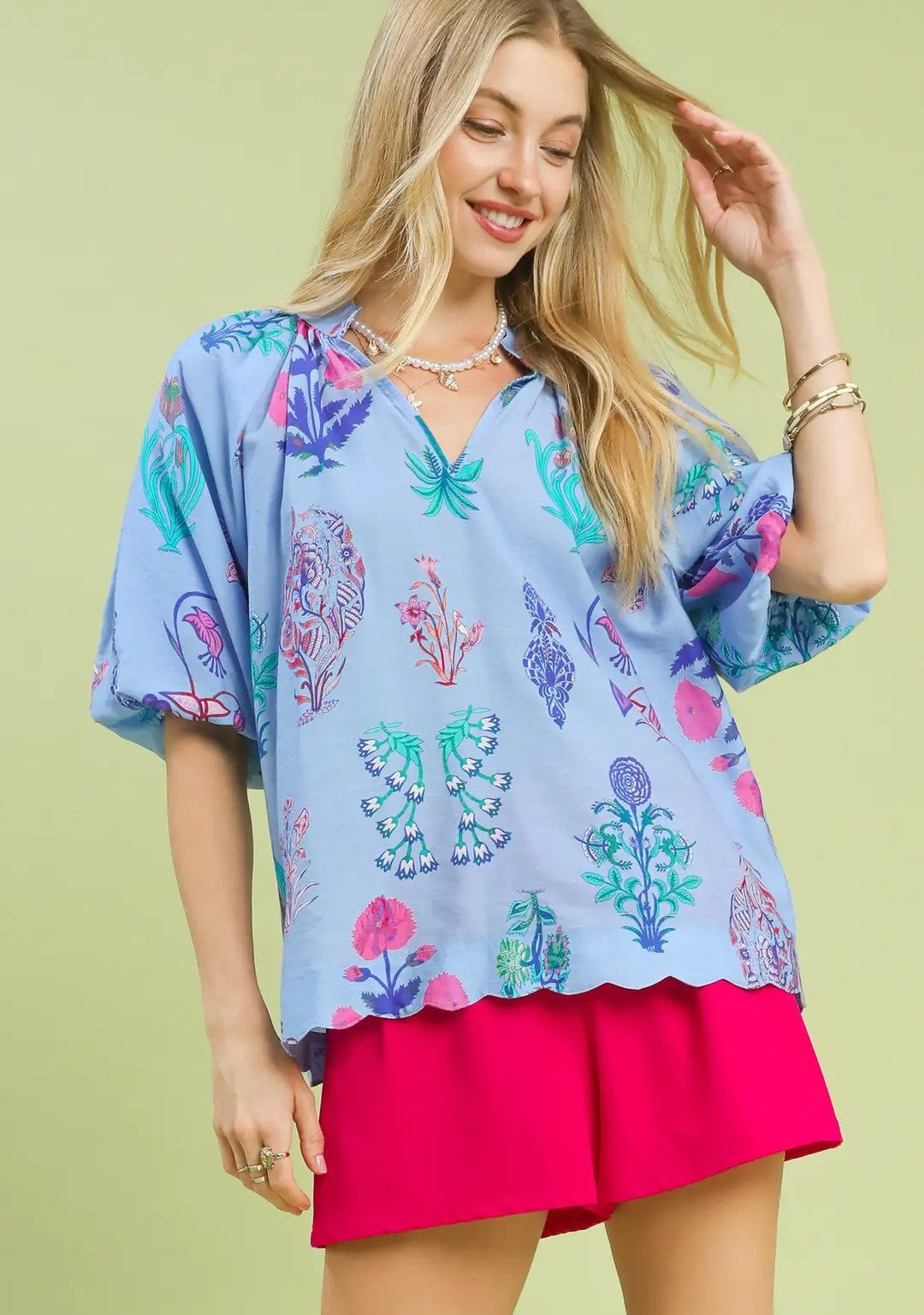 Whimsy Floral Print Split Neck Puff Sleeve Top Periwinkle Mix