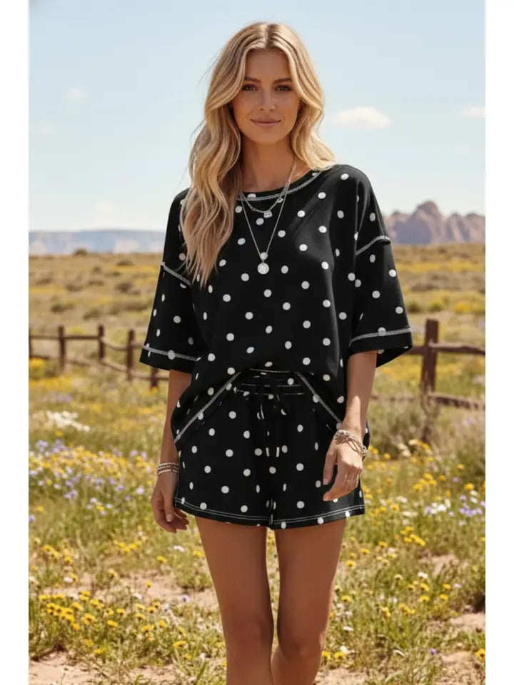 Polka Dot Relax Fit Scuba Shorts Set Black + White