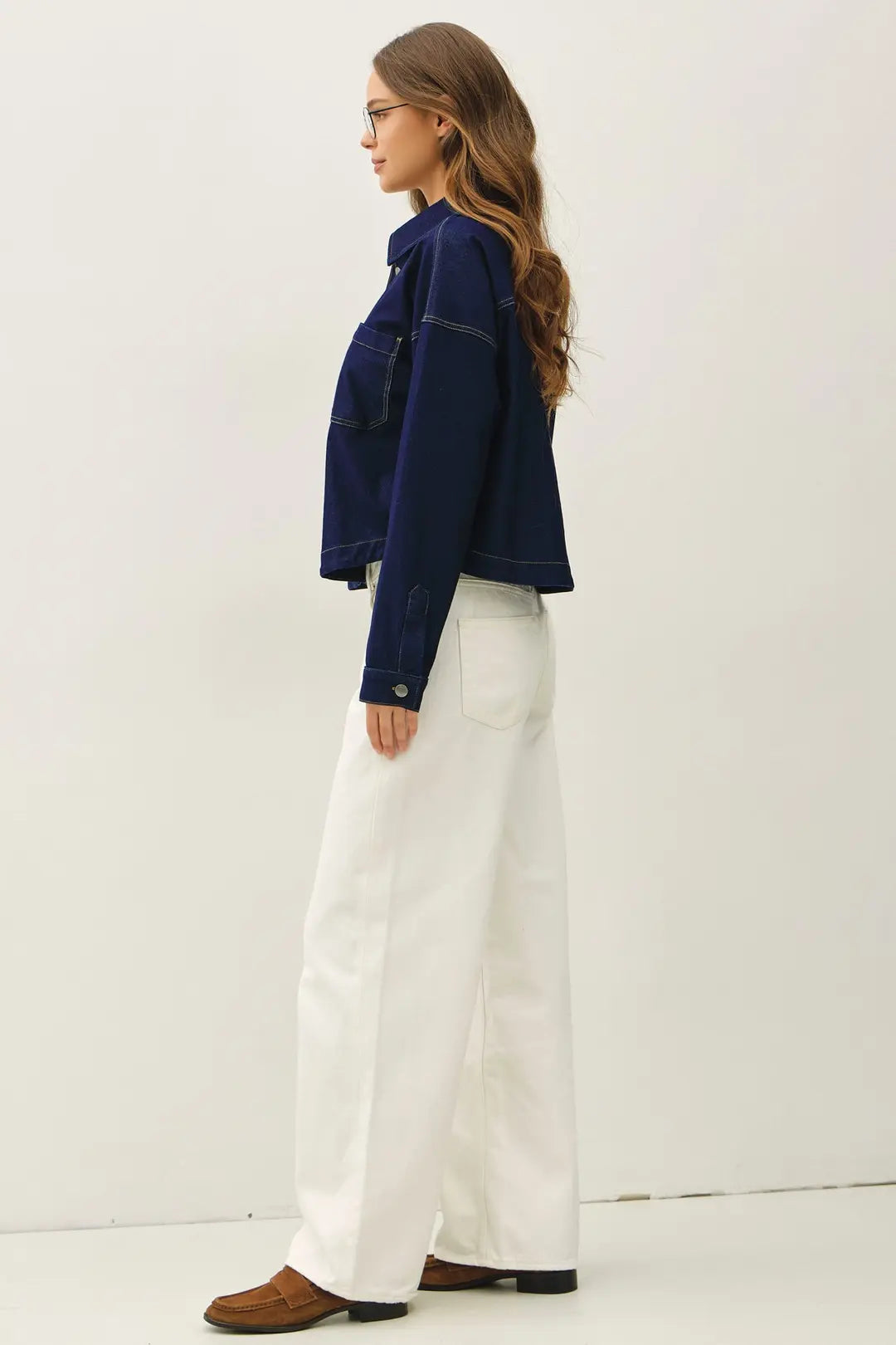 Knit Denim Cropped Shacket Dark Wash