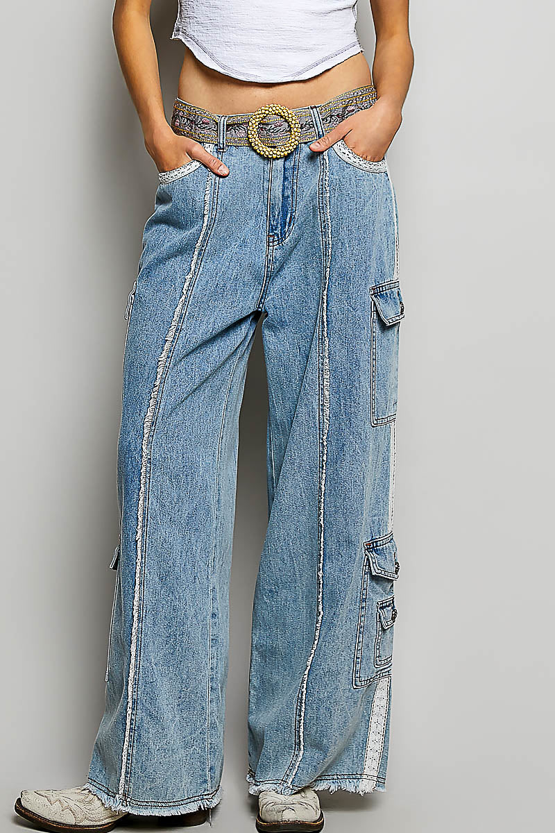 Lace Trim Relax Fit Twill Cargo Pants Denim
