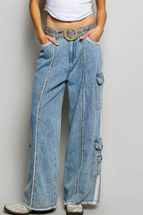 Lace Trim Relax Fit Twill Cargo Pants Denim