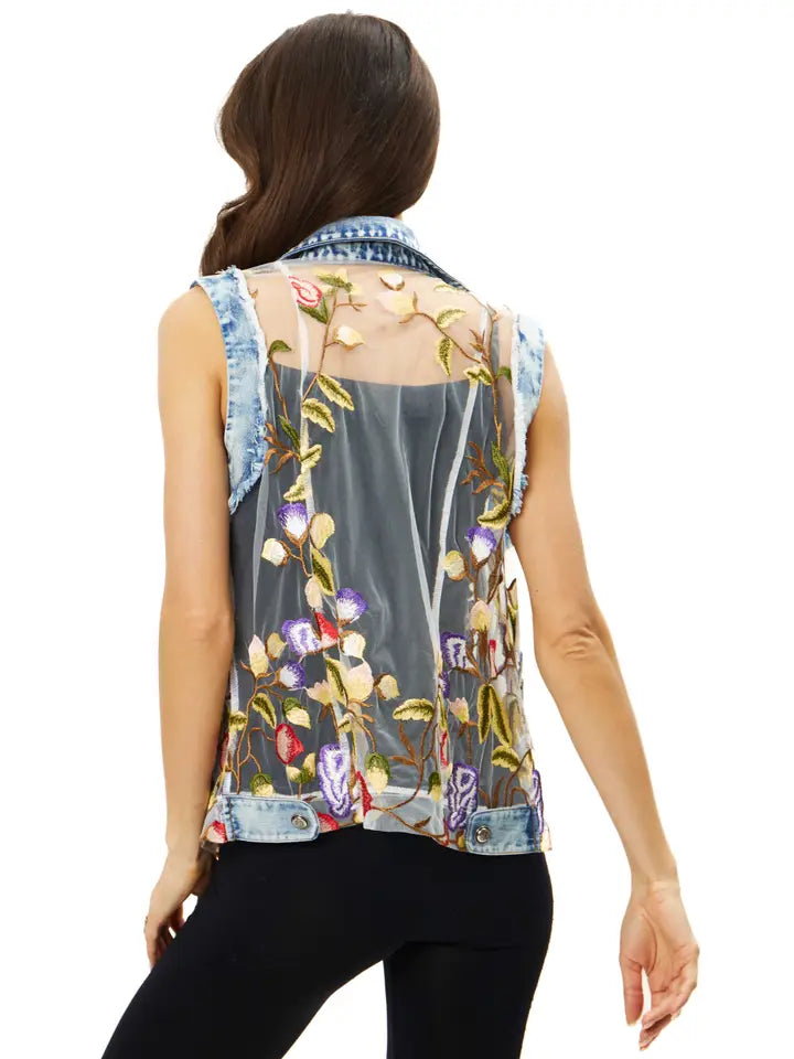 Floral Embroidered Lace Denim Vest