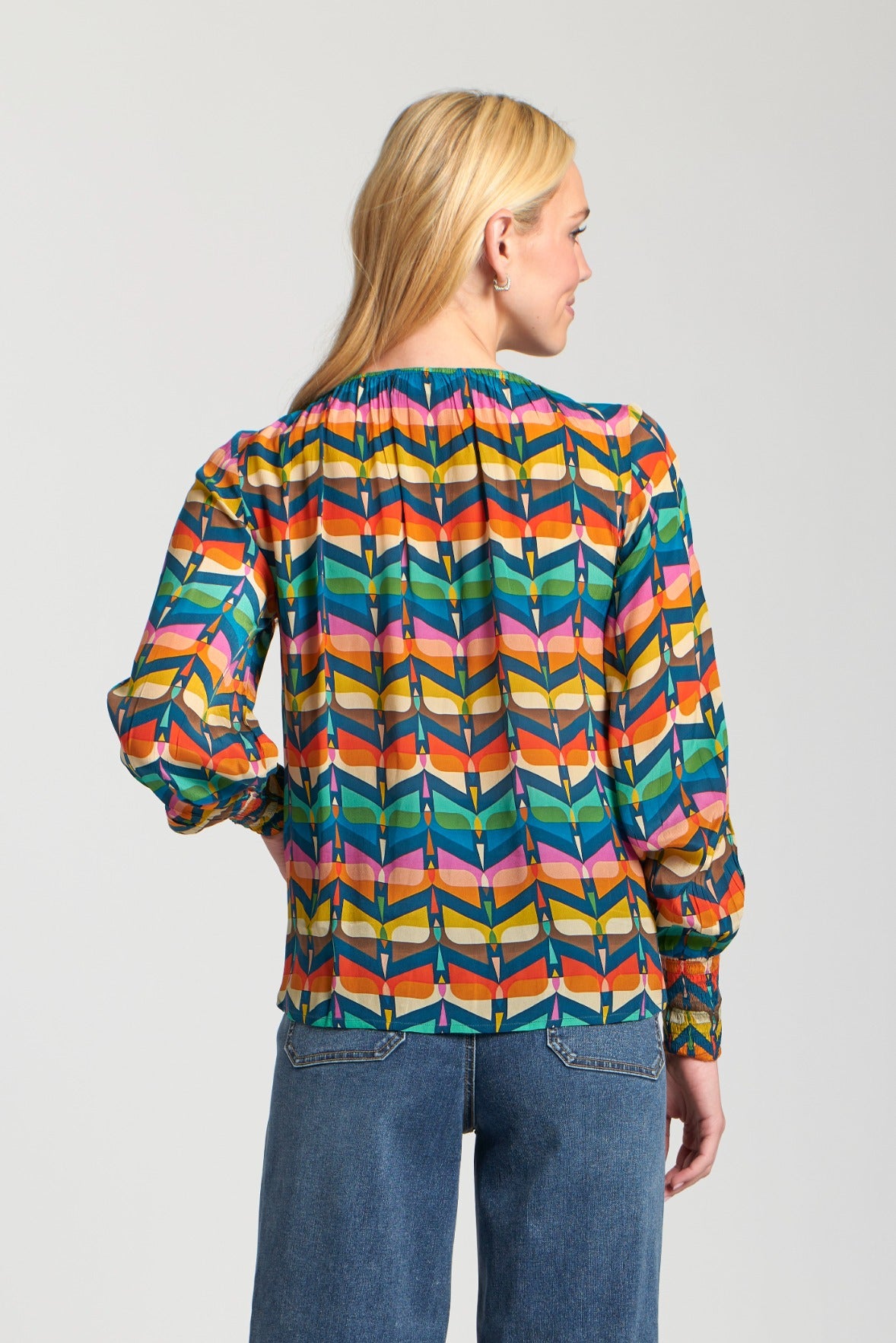 Smocked Cuff Elastic Neckline Printed Blouse Zig Zag Navy Multi