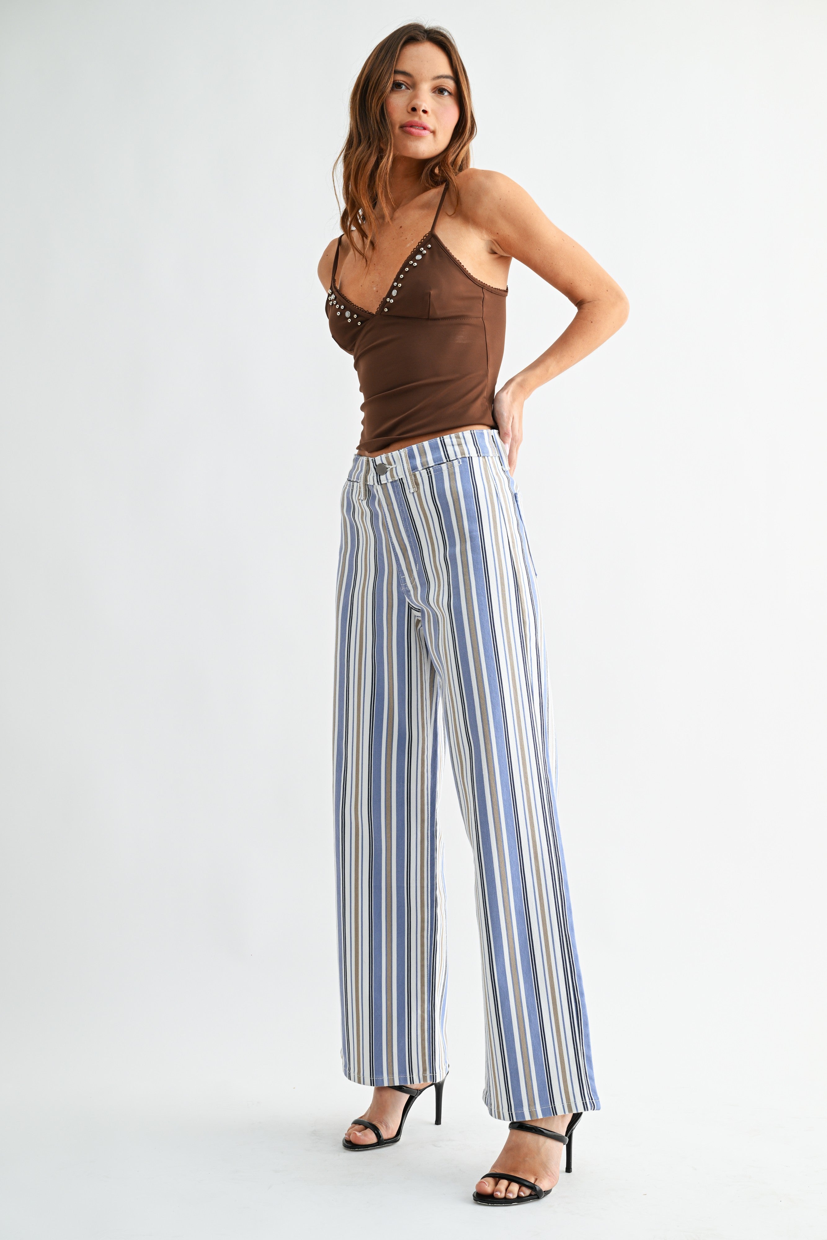 Welt Pocket Wide Leg Stripe Jeans Multi Stripe