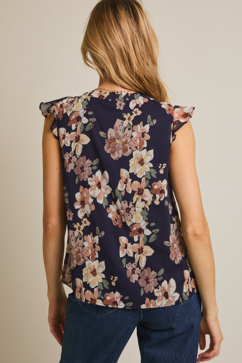 Short Ruffle Sleeve Front Tie Floral Top Navy + Mauve