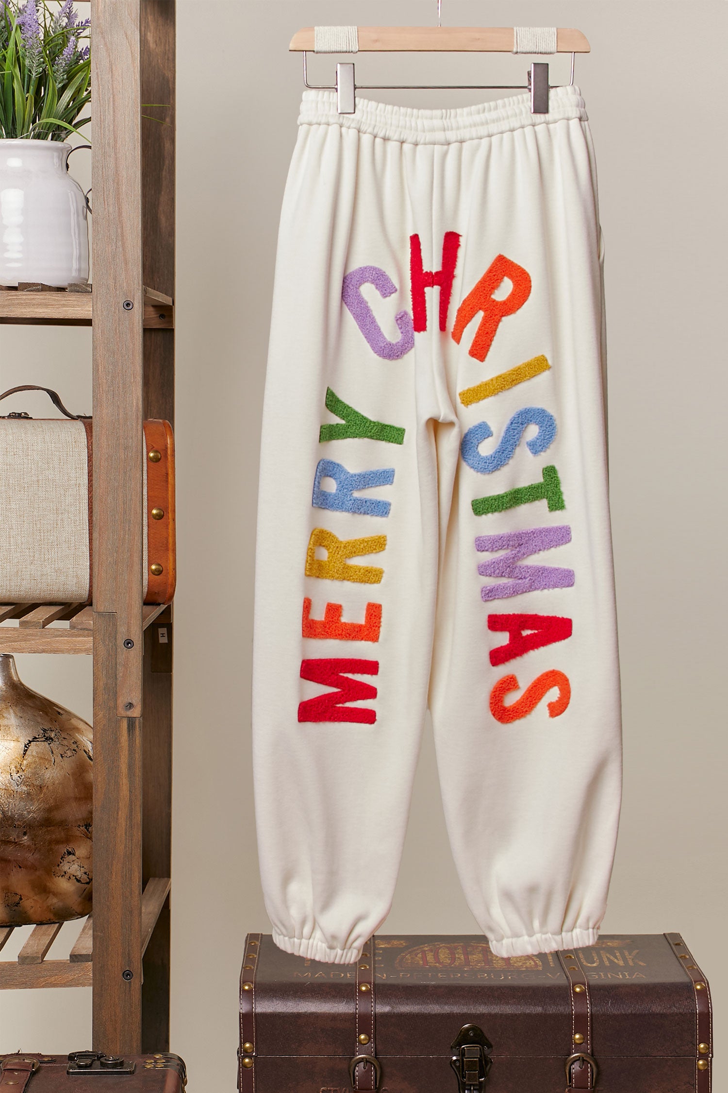 Textured Lettering Merry Christmas Sweatpants Ivory