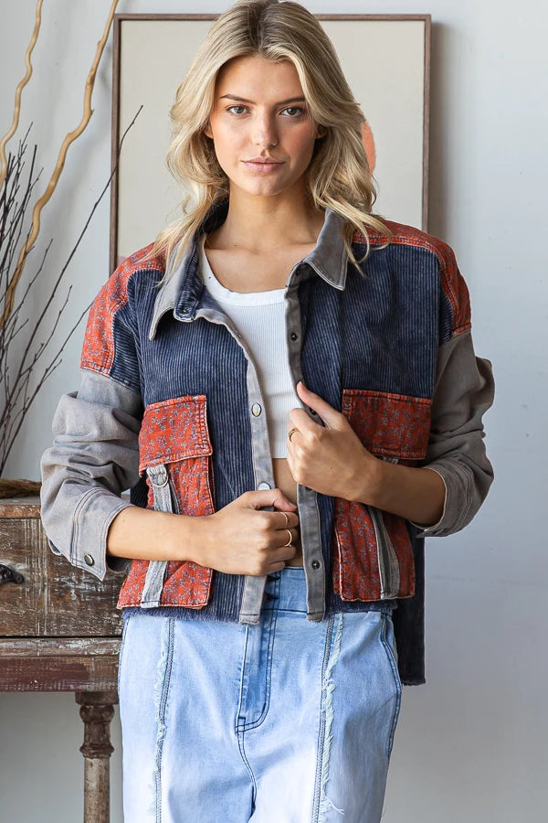 Washed Colorblock Corduroy Jacket Chili