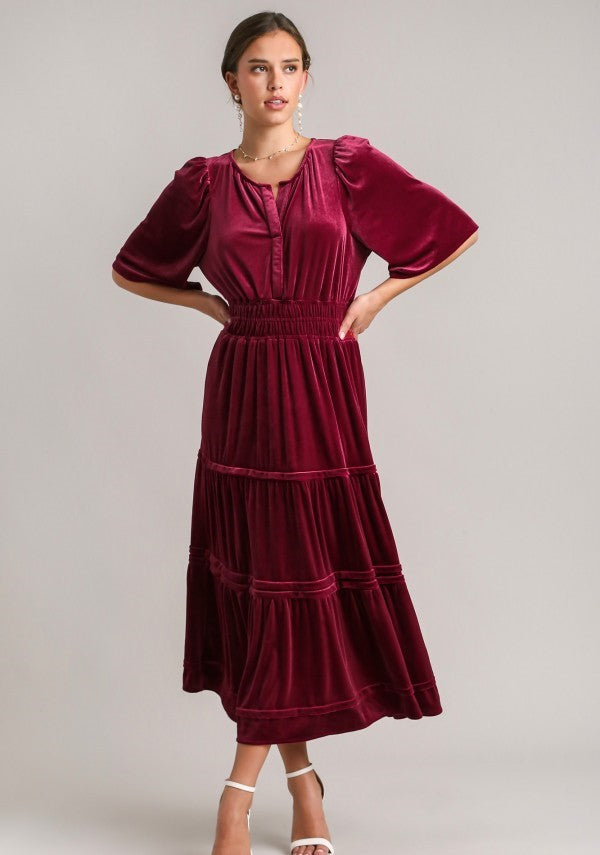 Flutter Sleeve Velvet Tiered Maxi Wine