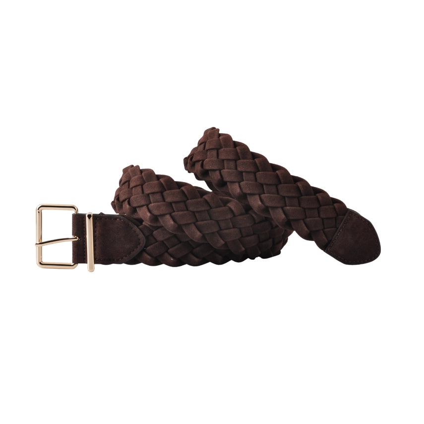 Gold Buckle Wide Suede Braided Belt Chocolate