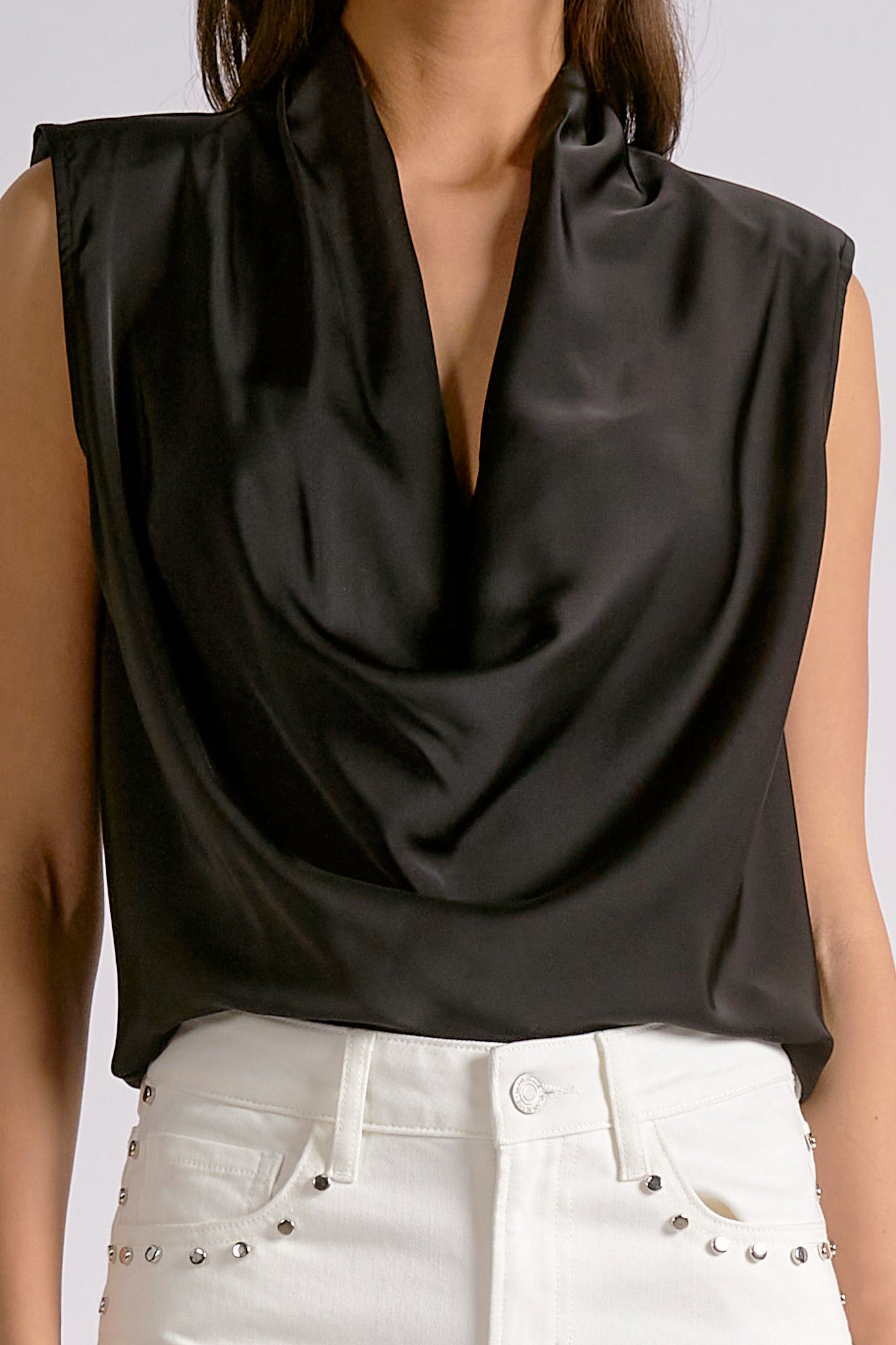 Satin Drape Neck Tank Black