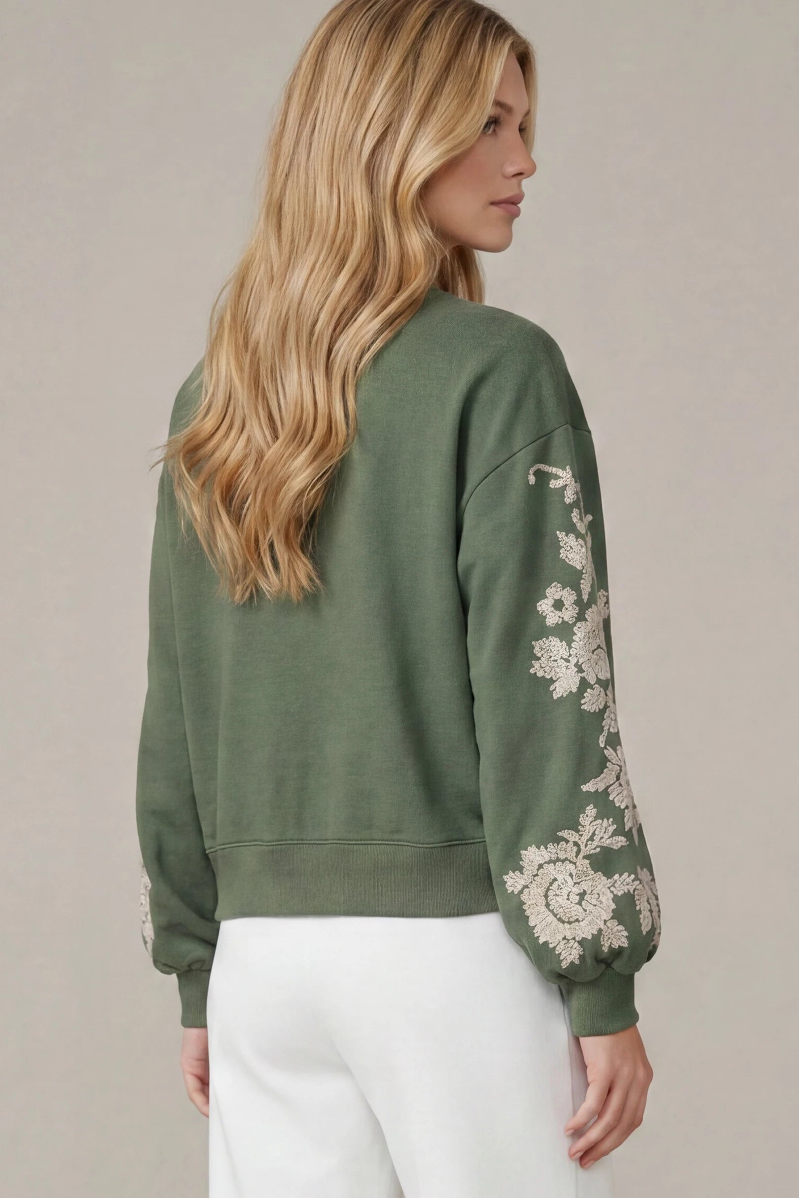 Embroidered Sleeve Scuba Sweatshirt Olive