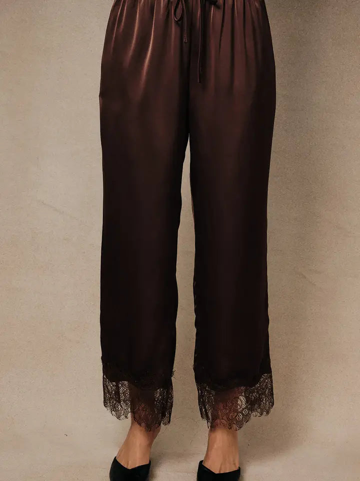 High Waist Lace Hem Satin Pants Brown