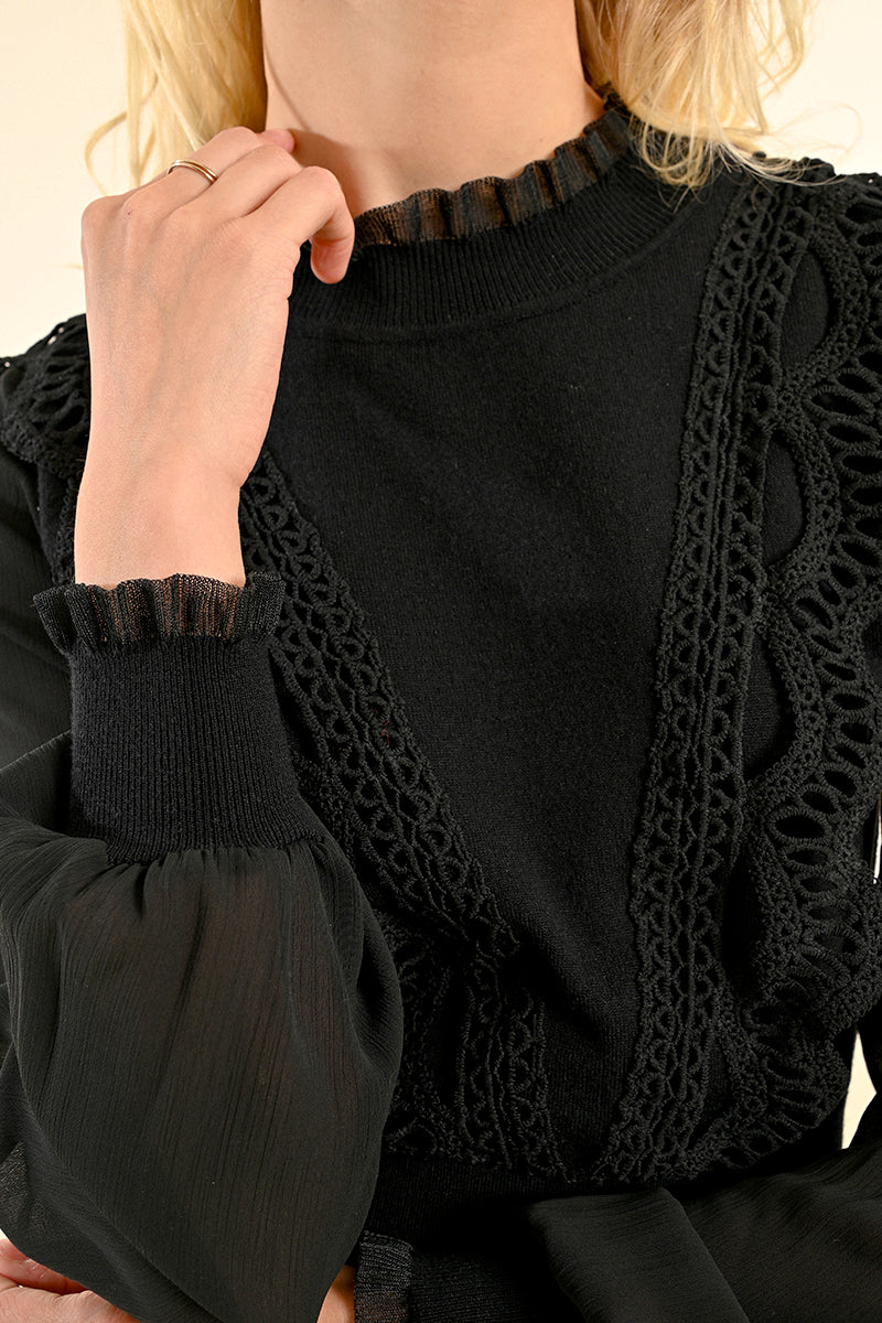 Ruffle Mock Neck Embroidered Front Dress Black