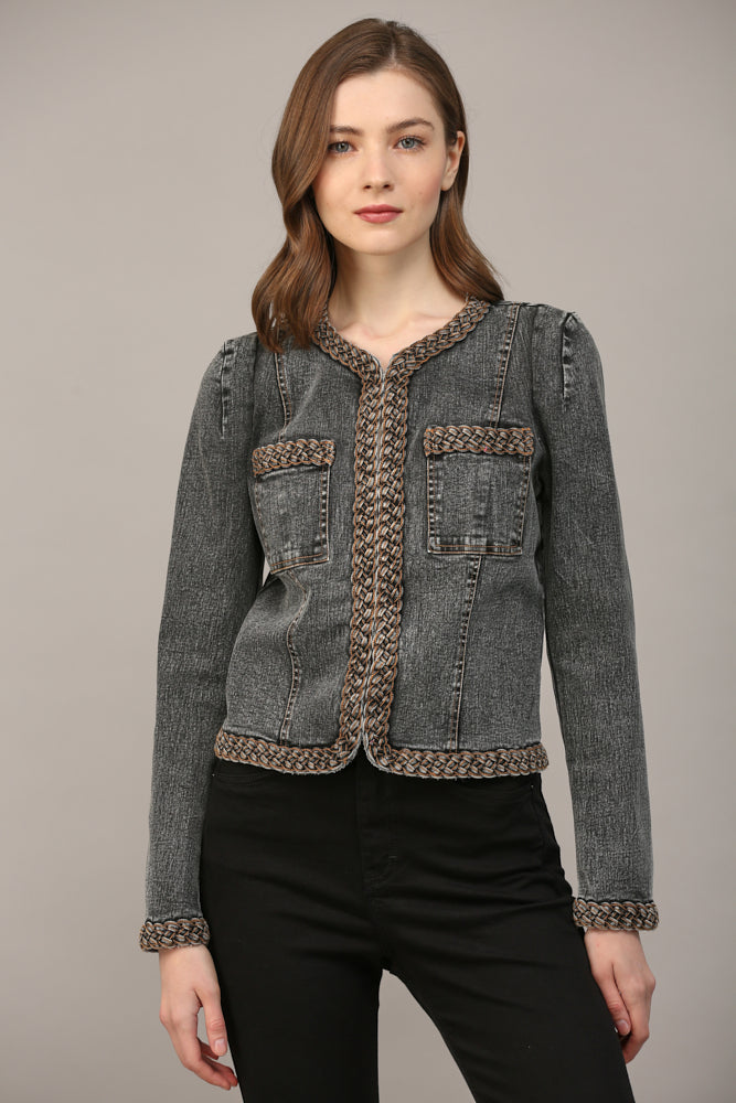 Braided Trim Jean Jacket Black Denim