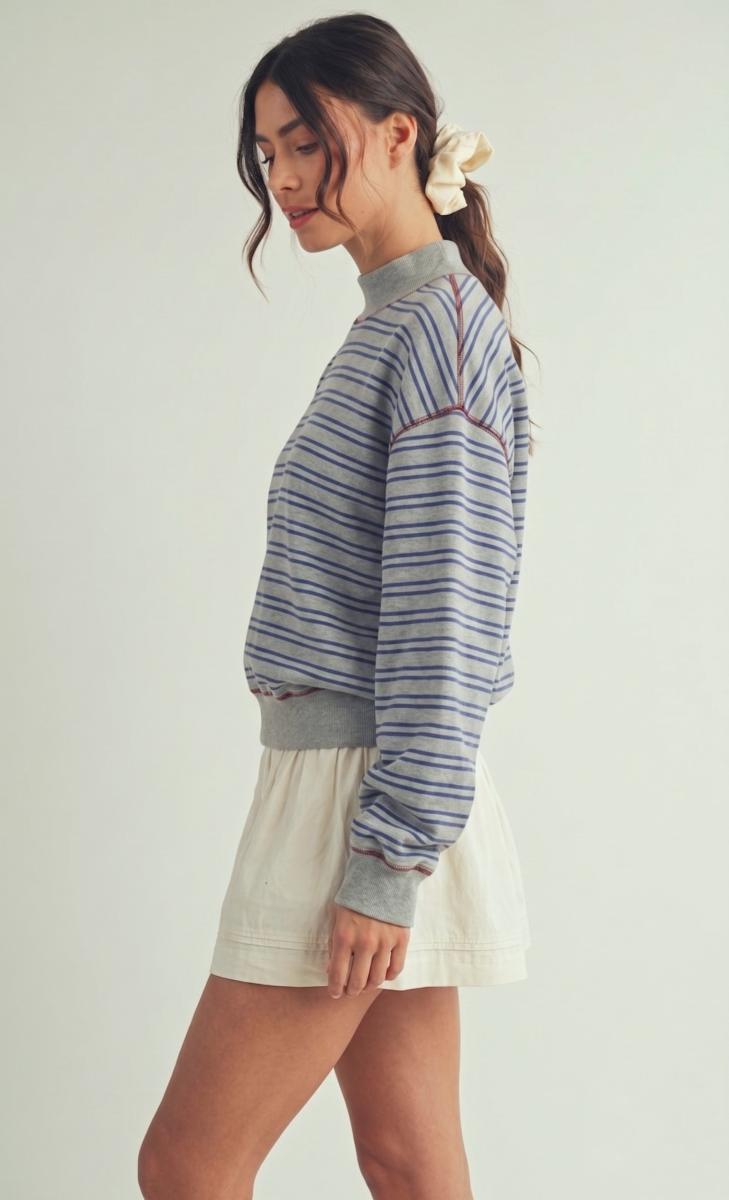 Stripe Stitched Mock Neck Sweatshirt Grey