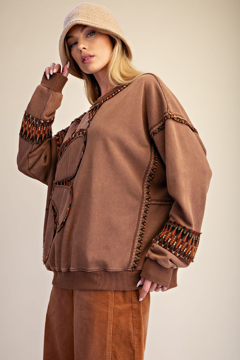 Floral Patch Front Washed Terry Pullover Mocha Brown