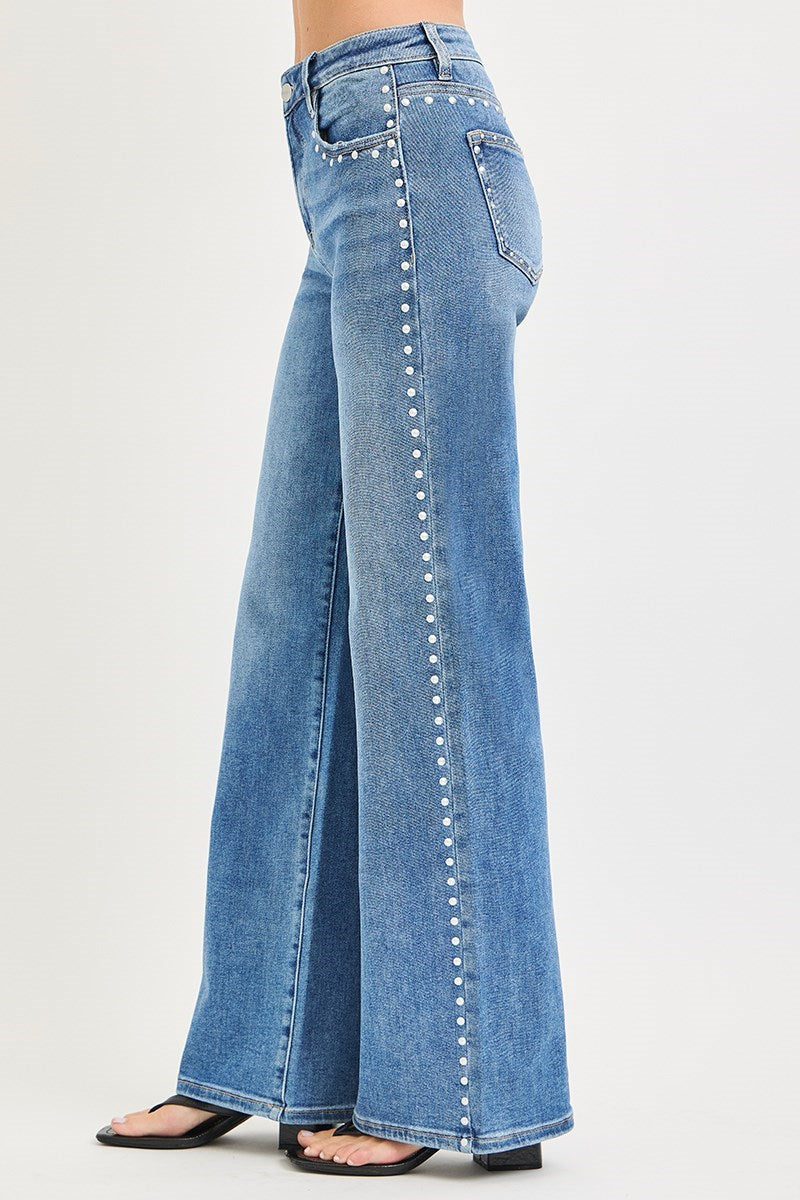 High Rise Wide Leg Studded Jeans Medium