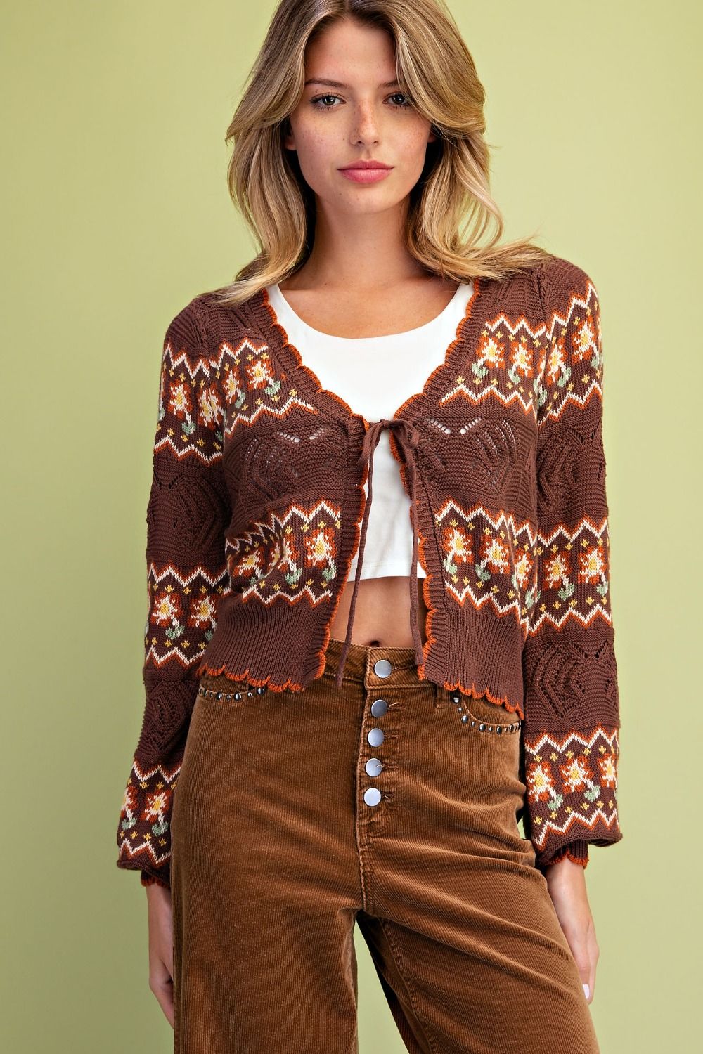 Multicolor Floral Knit Open Sweater Coffee Brown