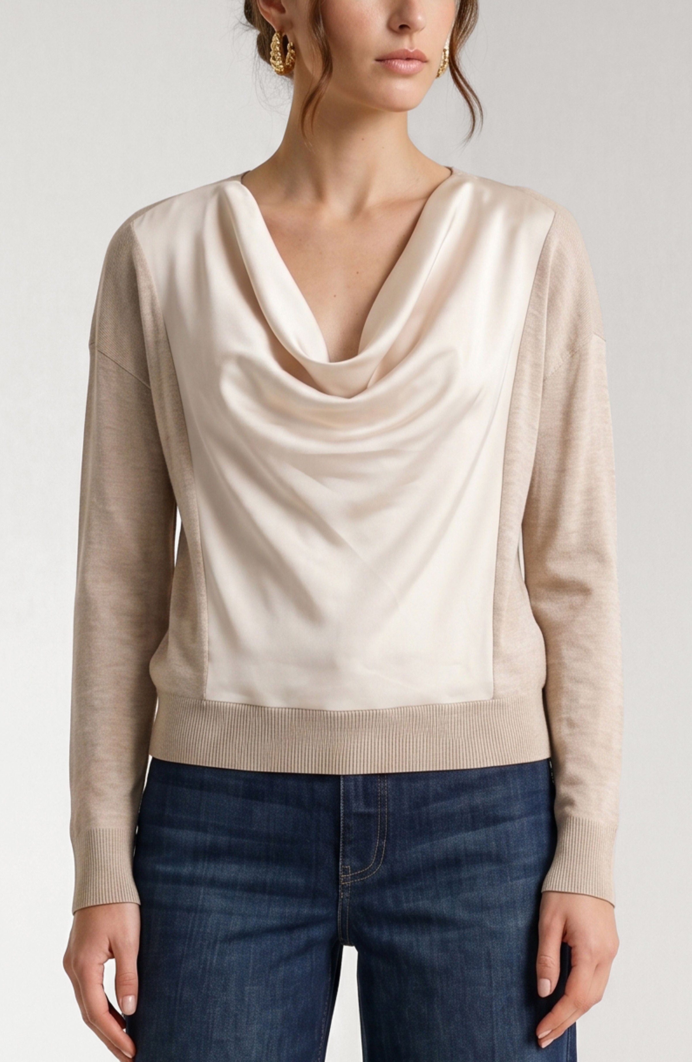 Long Sleeve Satin Drape Neck Woven Back Top Champagne Melange