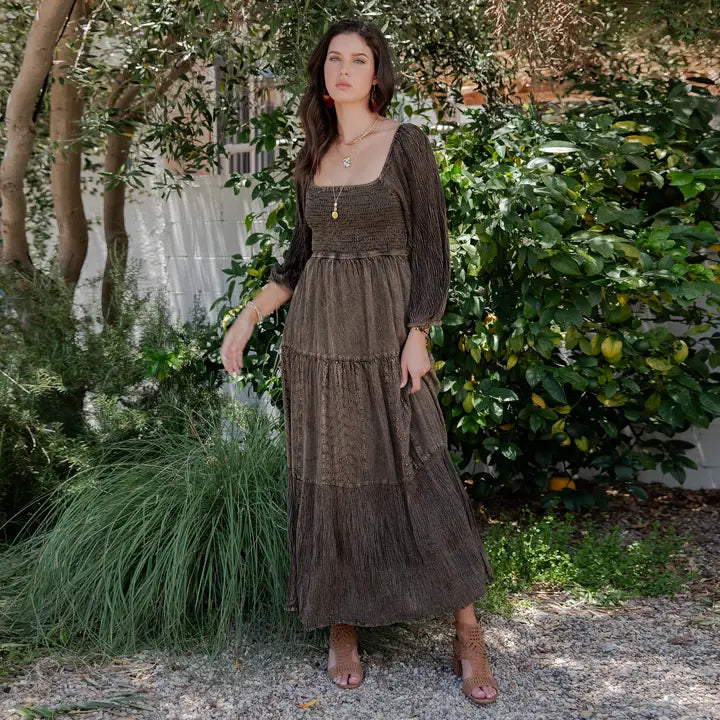 Embroidered Empire Mid Length Long Sleeve Dress Amber