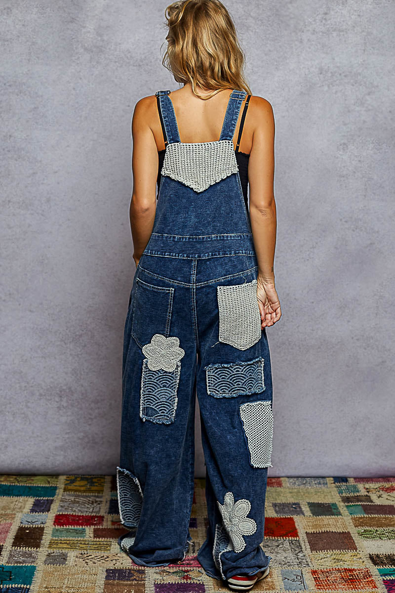 Crochet Patch Mesh Detail Overalls Indigo