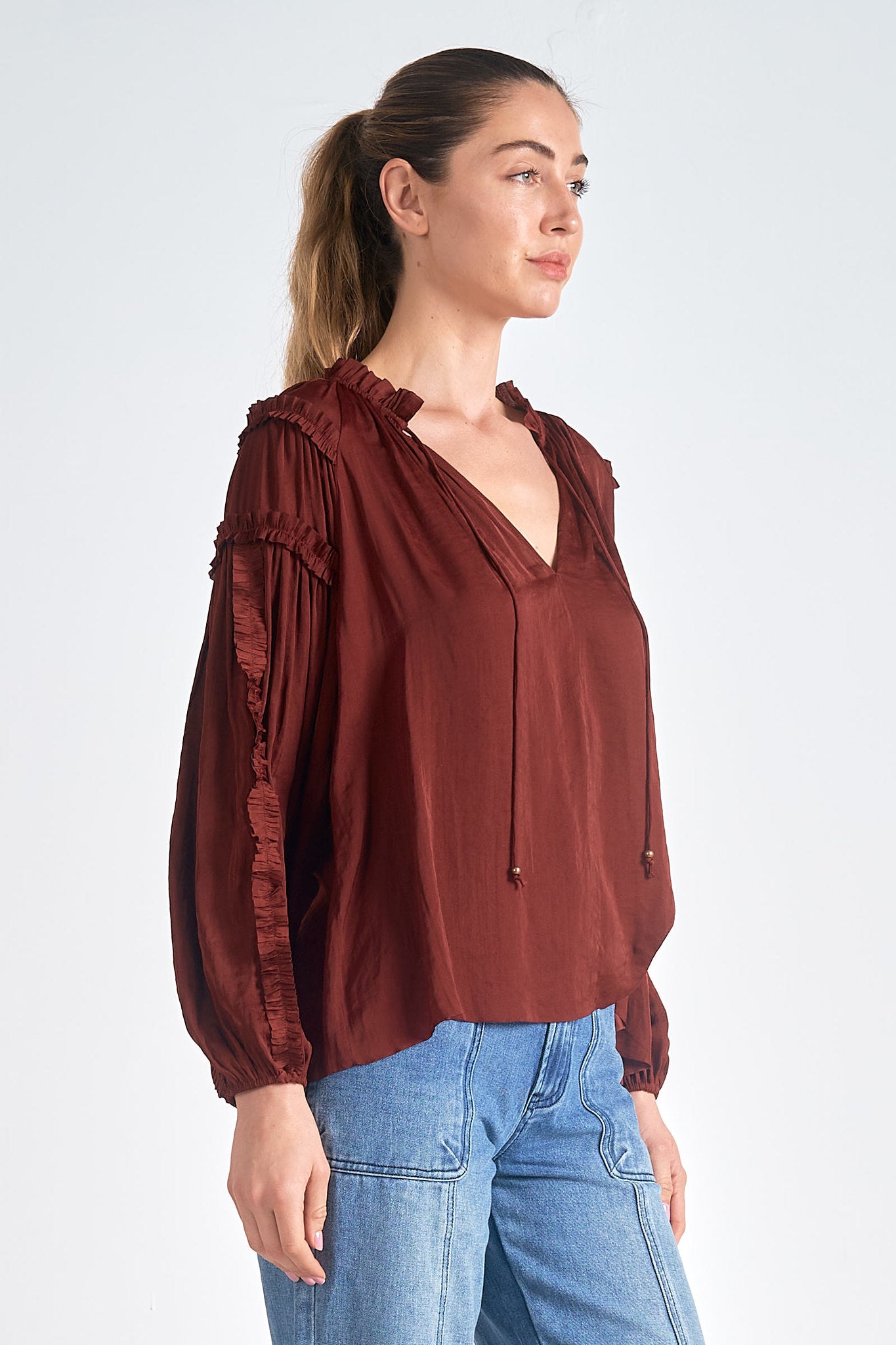 Ruffle Details Tie Neck Satin Blouse Brick