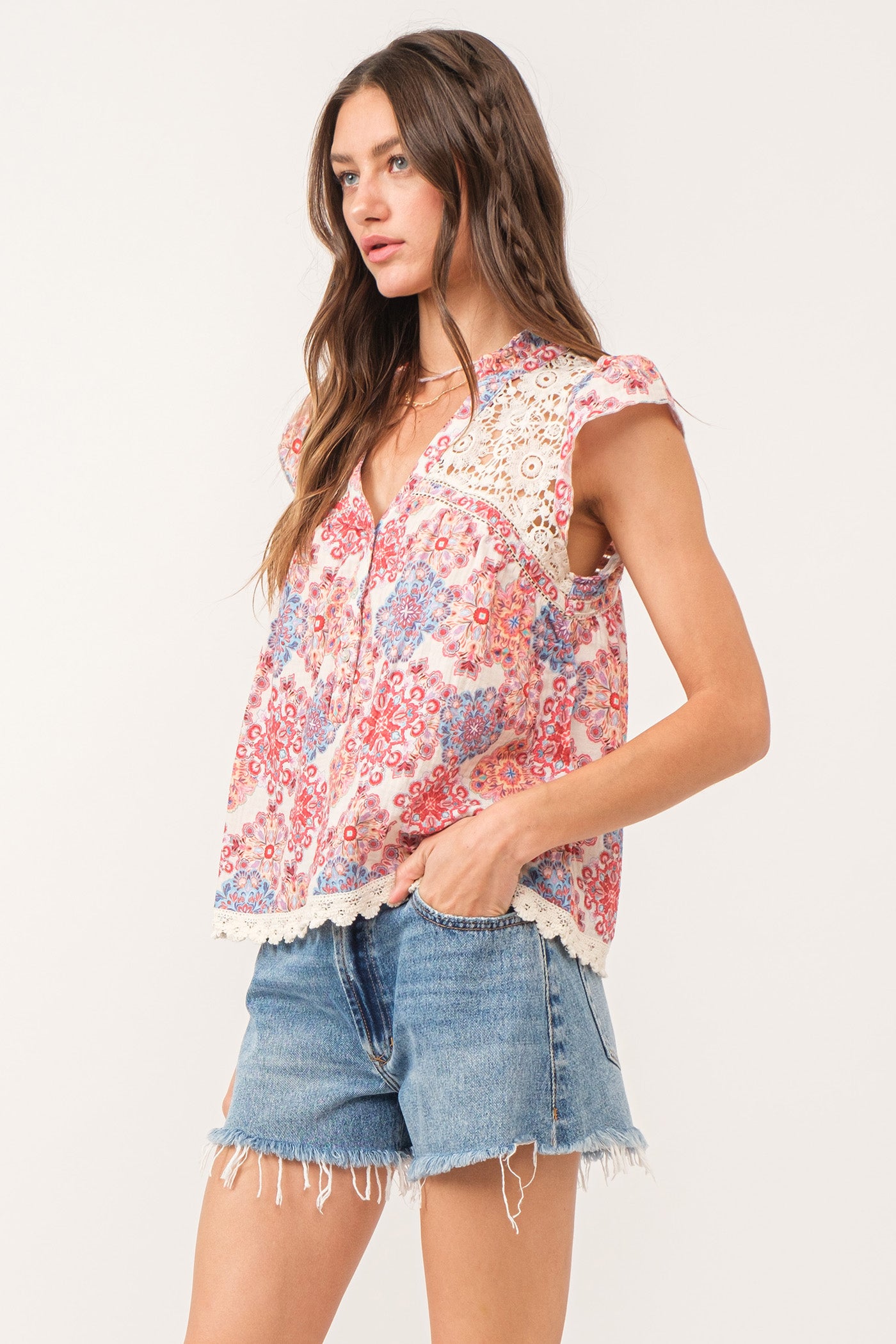 Viola Crochet Trim Henley Cap Sleeve Shirt Floral Medallion