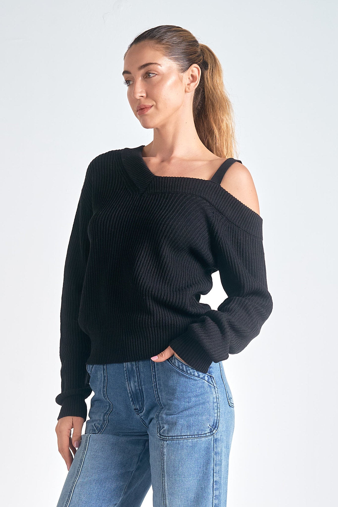 Off Shoulder Strappy Ribbed Sweater Black