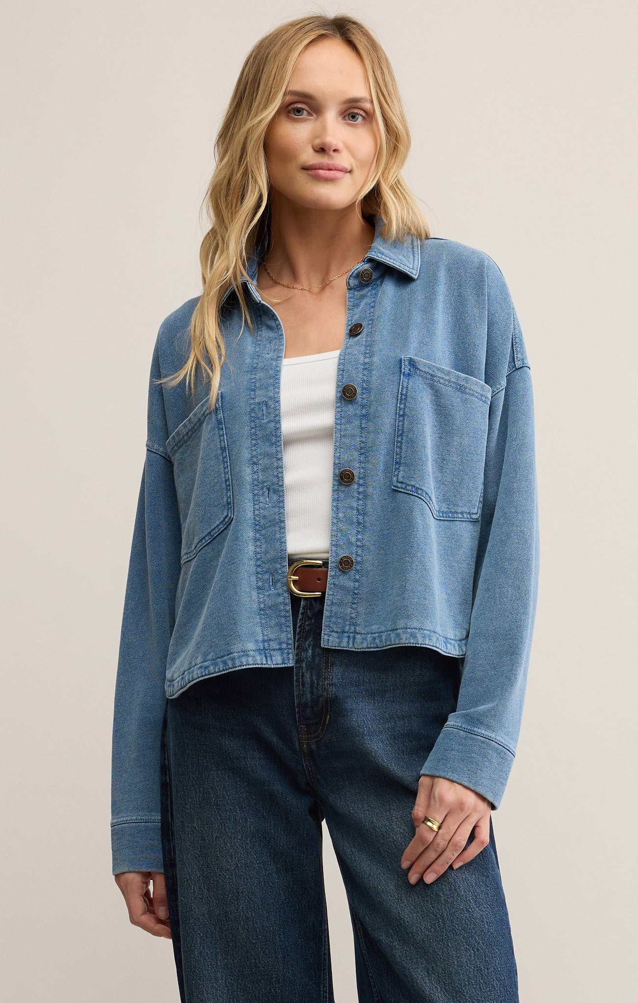 All Day Cropped Knit Denim Jacket Vintage Indigo