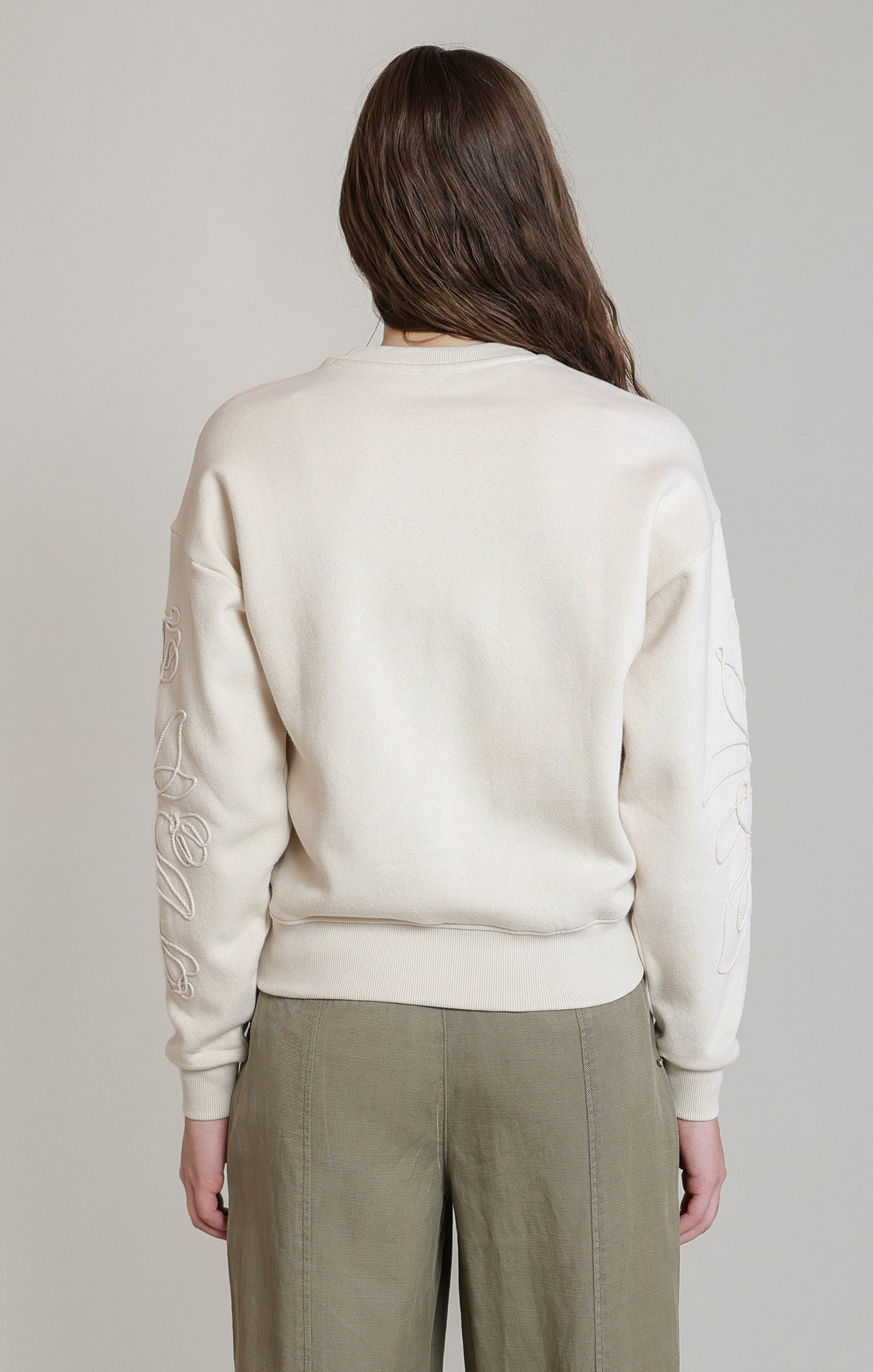 Tonal Embroidered Artsy Floral Sweatshirt Ivory