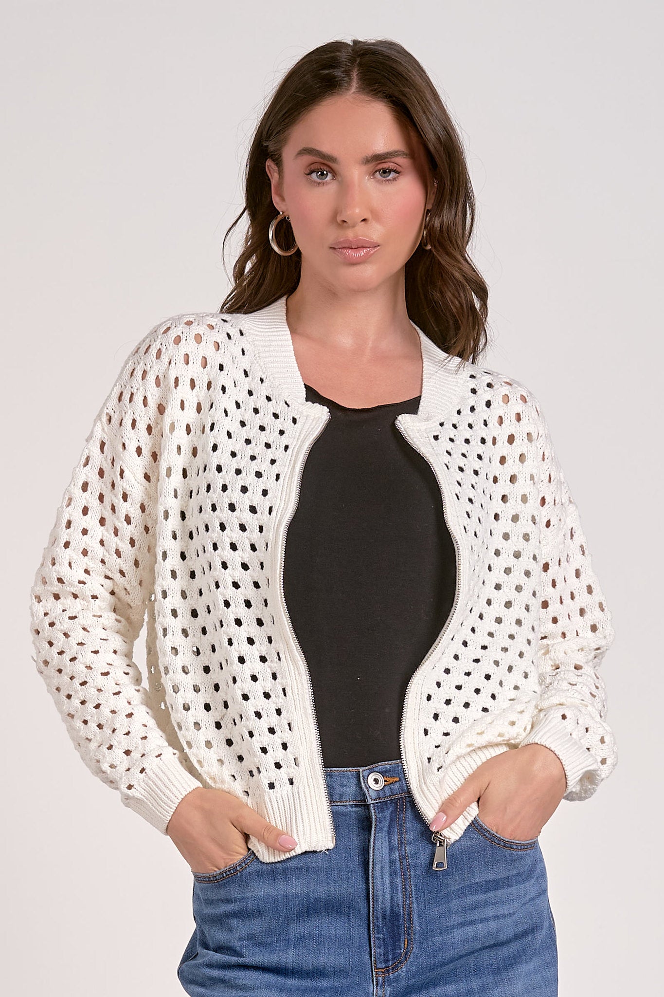 Open Net Knit Zip Zip Sweater White