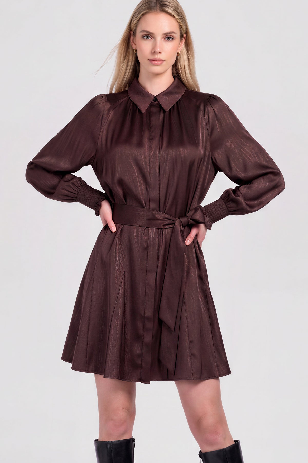 Gathered Shoulder Satin Long Sleeve Belted Dress