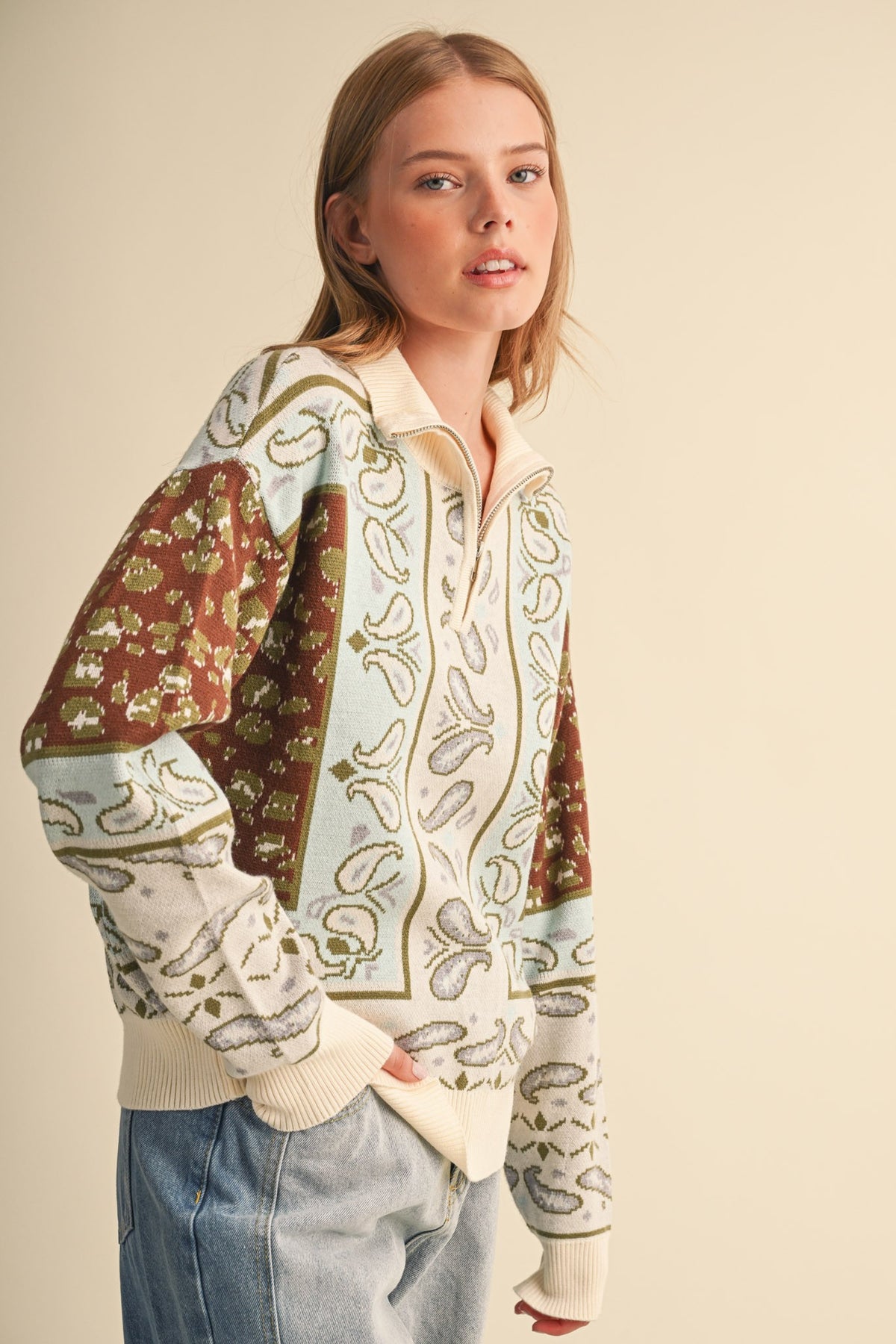 Paisley Knit Half Zip Sweater