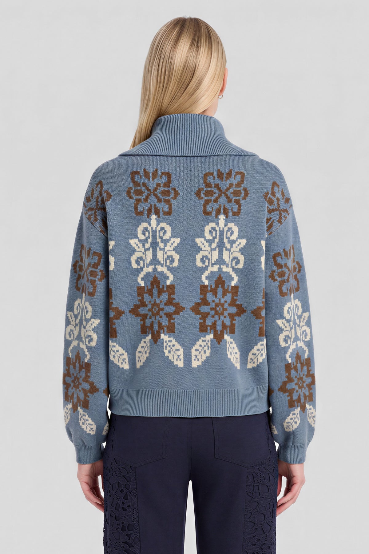 Scroll Floral Motif Jacquard Zip Sweater Cardi