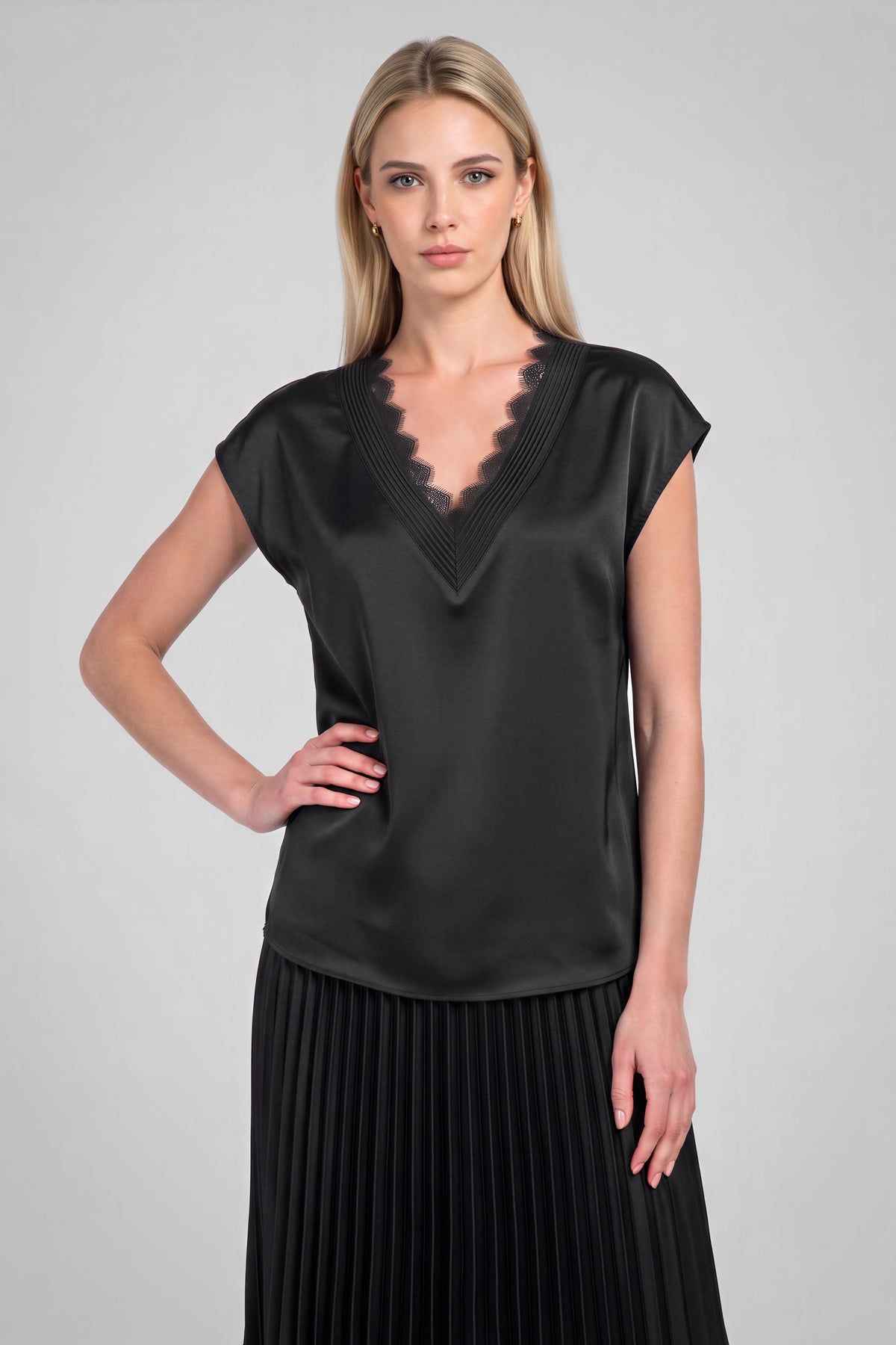 Lace Textured Seam Vneck Boxy Satin Top