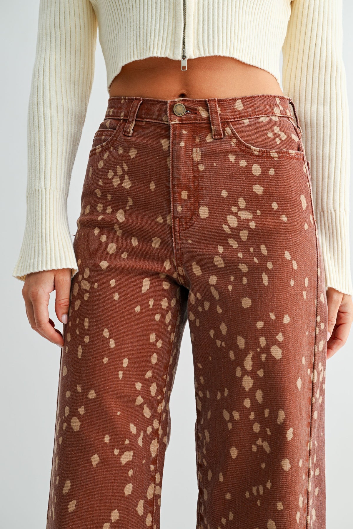 Slim Wide Leg Printed Denim Pants - Deer Print