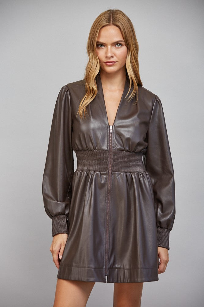 Zip Detail Smock Waist Leather Mini Dress