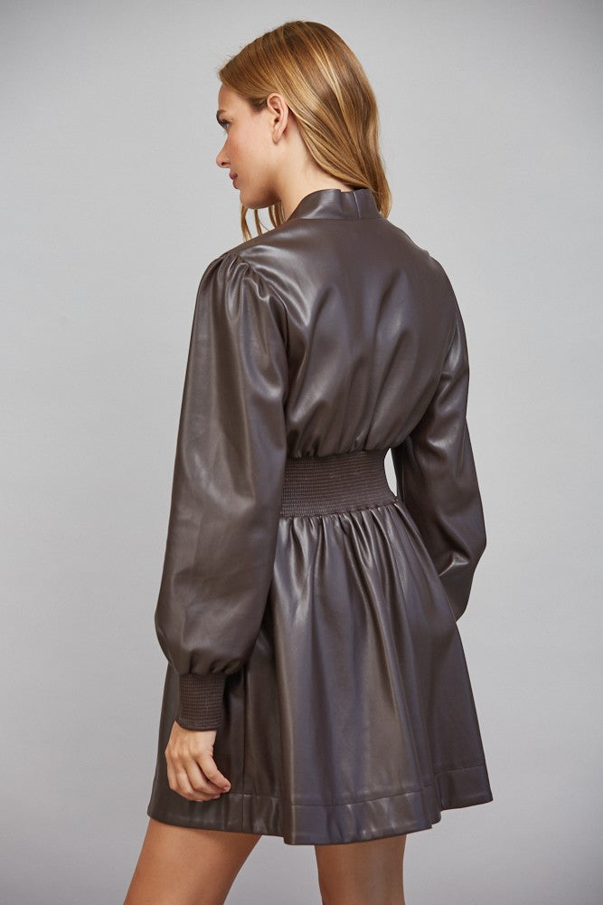 Zip Detail Smock Waist Leather Mini Dress