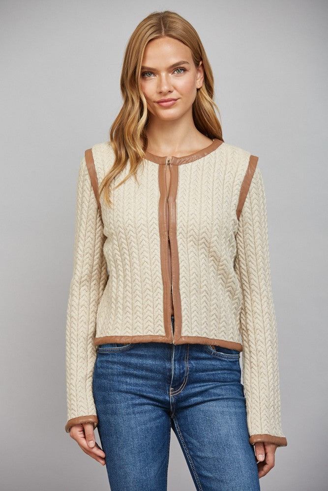 Leather Trim Cable Knit Jacket