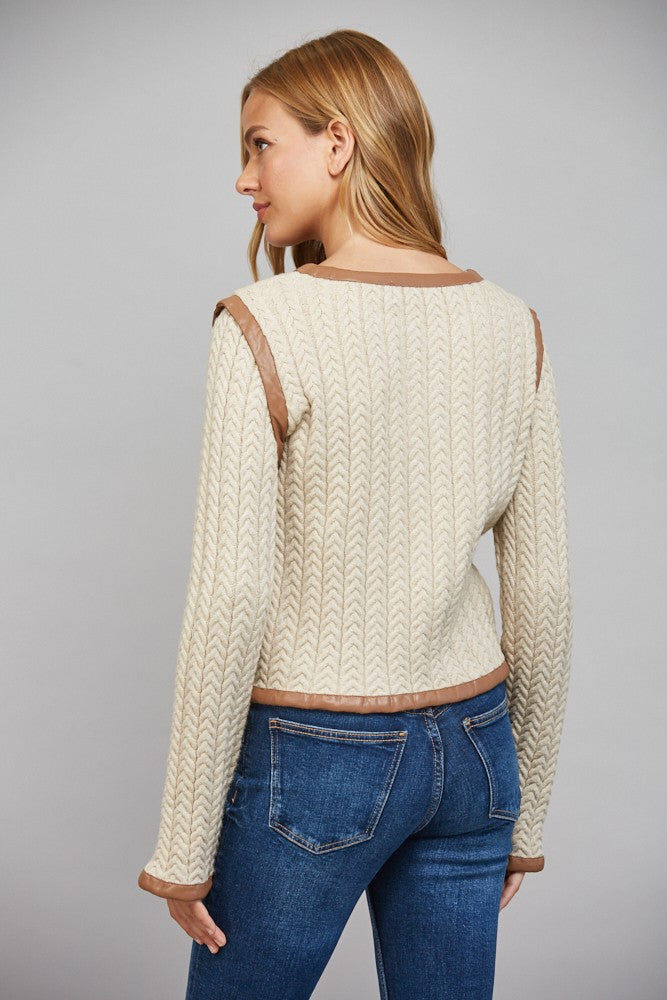 Leather Trim Cable Knit Jacket