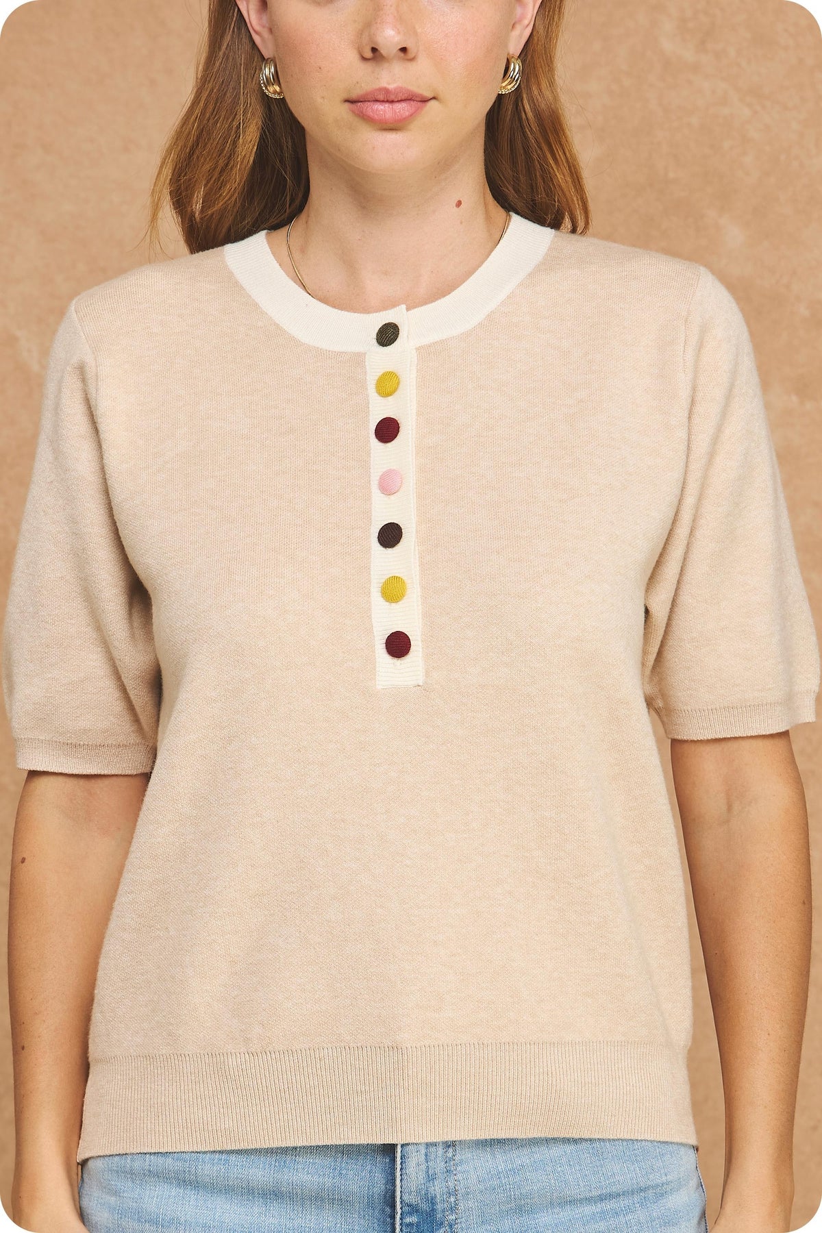 Multi Color Button Short Sleeve Knit Top