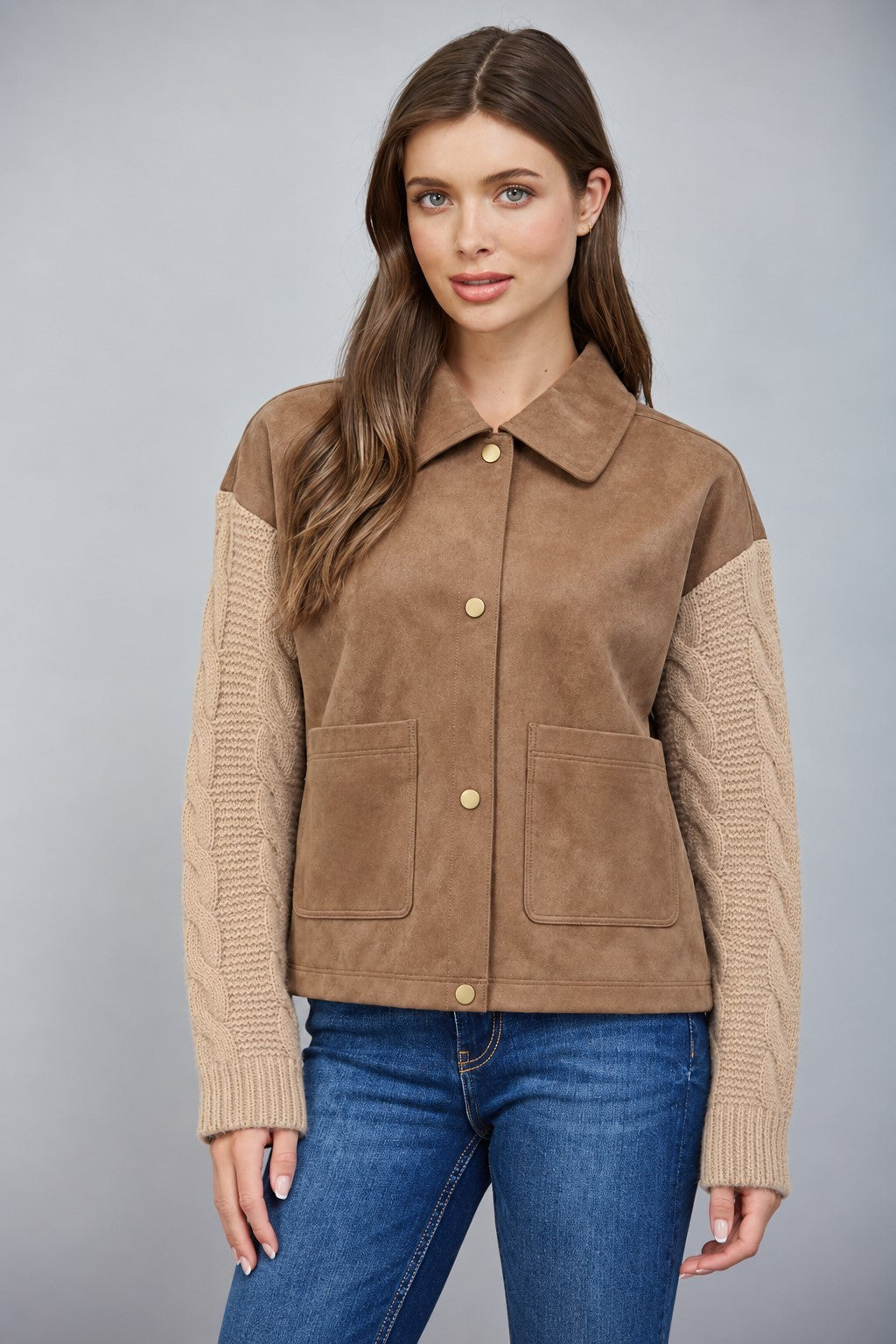 Textured Sweater Sleeve Leather Jacket